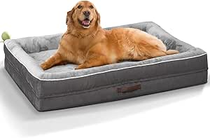 Renvix Large Orthopedic Dog Bed, Waterproof Dog Sofa Bed with Removable Washable Cover, Soft Egg Foam Pet Bed, Non-Slip Bottom and Four-Sided Bolster Cushion（Gray, 91x61x18cm）