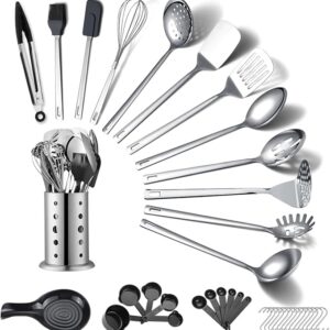 ReaNea Stainless Steel Kitchen Utensils Set 40 Pieces, Cooking Utensil Set with Utensils Holder, Kitchen Gadgets Kitchen Essentials New Home, House, Appartment Must Have, Metal Spatula Set