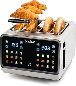 ZACHVO Toaster 4 Scheiben mit Touchscreen & Countdown – Edelstahl Langschlitztoaster mit 2 unabhängigen Temperaturzonen, 3,7 cm breiten Schlitzen, Brötchenaufsatz & Sandwichhalter, 6 Programme