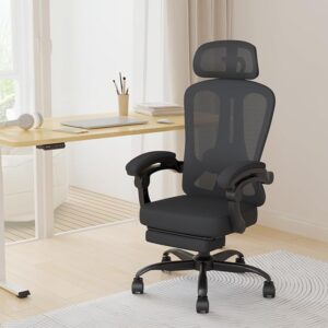 HapGIFT Office Chair, Ergonomic Office Chair with Footrest, Mesh Computer Chair for Adults, Adjustable Height Desk Chair with Adjustable Headrest, Home Office Chair with Link Armrest, 350LBS, Black