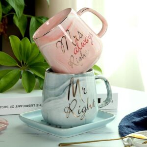 Mr Right Mrs Always Right Couple Cups Mugs - Best Wedding Gift Bridal Shower Engagement Gifts Set for Anniversary Birthday Party Christmas Valentine's Day Gift - 13.2 oz Ceramic Marble Couple Gifts