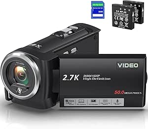 2.7K Video Camera Camcorder QHD 50MP YouTube Vlogging Camera 16X Digital Zoom Webcam 270 Degree Rotation Screen Camcorders with 32G SD Card and 2 Batteries