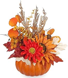 Oairse Artificial Autumn Decoration Pumpkin Floral Centerpiece Sunflowers