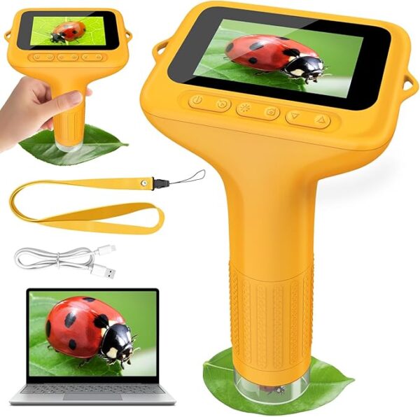 Microscope Numérique pour Enfants avec Écran IPS 3.0 Pouces, Rechargeable, Grossissement 1000x, 8 Lumières LED, Jouet Expérimental et Cadeau Éducatif pour Enfants de 3 à 12 Ans et Adultes