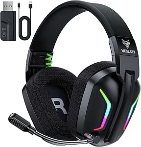 WESEARY WG1 Casque Gaming sans Fil, 2,4 GHz Casque Bluetooth sans Fil avec Micro pour PS5, PS4, PC, Switch, Mac, Mobile, Casque Gaming Pliable avec Son Stéréo et Éclairage LED, Batterie de 50h