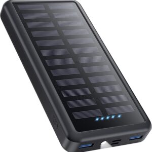 Pxwaxpy Batterie Externe 26800mAh, USB C Chargeur Solaire 15W PD 3.0A Charge Rapide, 3 Sorties 3 Entrées Batterie Charge Externe avec LED Lampe de Poche Power Bank Compatible avec iPhone Samsung etc