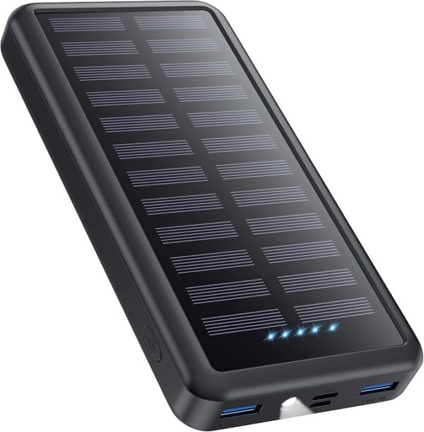 Pxwaxpy Batterie Externe 26800mAh, USB C Chargeur Solaire 15W PD 3.0A Charge Rapide, 3 Sorties 3 Entrées Batterie Charge Externe avec LED Lampe de Poche Power Bank Compatible avec iPhone Samsung etc