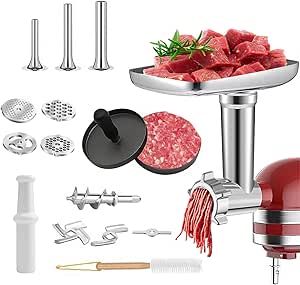 Fleischwolf Aufsatz für KitchenAid, 16 Set edelstahl fleischwolf aufsatz mit 4 Mahlscheiben 3 Wurstfüllhörnern Fleischpresse Weiße Reinigungsbürste Base