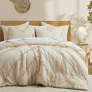 Oli Anderson Queen Comforter Set - Beige Ruffle Comforter 5 PCS Bed in a Bag, Textured Bed Comforter Chic Fluffy Bedding Set (2 Ruffle Pillowcases and 2 Solid Color Pillowcases