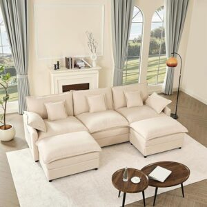 BIGSYY 108" U Shaped Couch, Modular Sectional Sofa, 3-Seater Comfy Cloud Couch with Movable Ottoman, Deep Seat Couches for Living Room, Linen, Beige