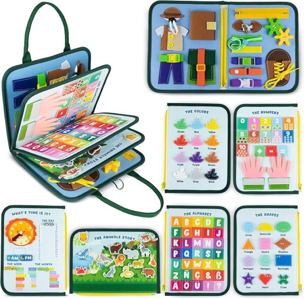 BONNYCO Montessori Busy Board Felt Montessori Educational Games Box, Sensory Panel Children Board | Children's Games 1 2 3 4 5 6 Years Old Gift Child Girl Boy Book Birthday Christmas