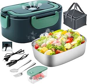 Gentre Portable Electric Lunch Box for Car Truck and Office 4 in 1 12 V/24 V/220 V ~ 240 V 1.5 L 60 W Stainless Steel Lunch Box, Compartments, Fork Spoon and Carry Bag