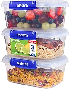 Sistema KLIP IT PLUS Leakproof Food Storage Containers | 1 L | Airtight, Stackable & Nestable Meal Prep Containers with Lids | School Lunch Boxes | 3 Count