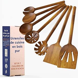 Ustensiles de Cuisine en Bois Non Toxiques – Lot de 7 Cuillères et Spatules en Acacia