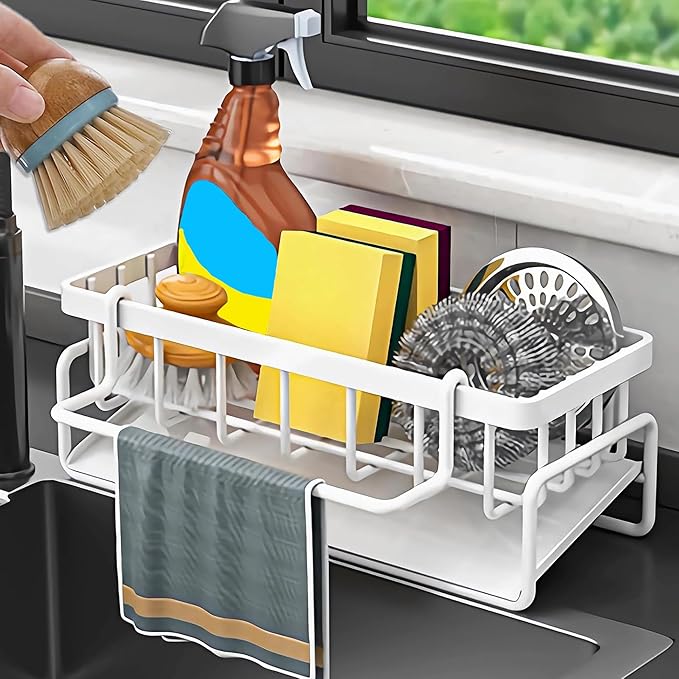 Porte-éponge pour évier de cuisine – Organiseur de savon en acier inoxydable avec plateau de vidange automatique, support de rangement pour évier ou salle de bain, accessoires de maison pour petit