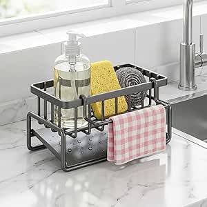 Porte-éponge pour évier de cuisine avec support amovible en acier inoxydable 304 antirouille pour éponge à vaisselle, distributeur de savon à vaisselle et étagère de rangement de salle de bain, gris