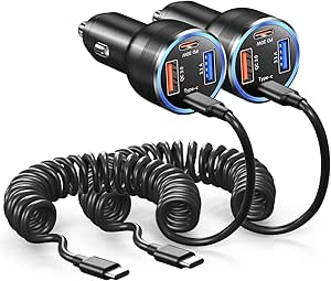 USB C Car Charger 65W, 4-Fast Port Dual 12V USB-C & USB-A Car Phone Charger QC&PD 3.0 Super Fast Cigarette Lighter Adapter for iPhone 17 16e 15 Pro Max +2 Pack 5FT Type C Coiled Car Charger Cord