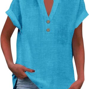 Chemise Femme Lin Coton Chemisier Chic et élégant Col V Bouton Manches Longues Blouse Casual Respirant Haut Couleur Unie Lâche Tops Tee Shirt