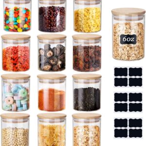 Yibaodan Glass Jars Set 150ml 12 Pack 6oz Spice Jars with Bamboo Lids and Labels Small Food Cereal Storage Containers for Home Kitchen Tea Herbs Coffee Flour Herbs Grain (12Pack/12 Black Labels)