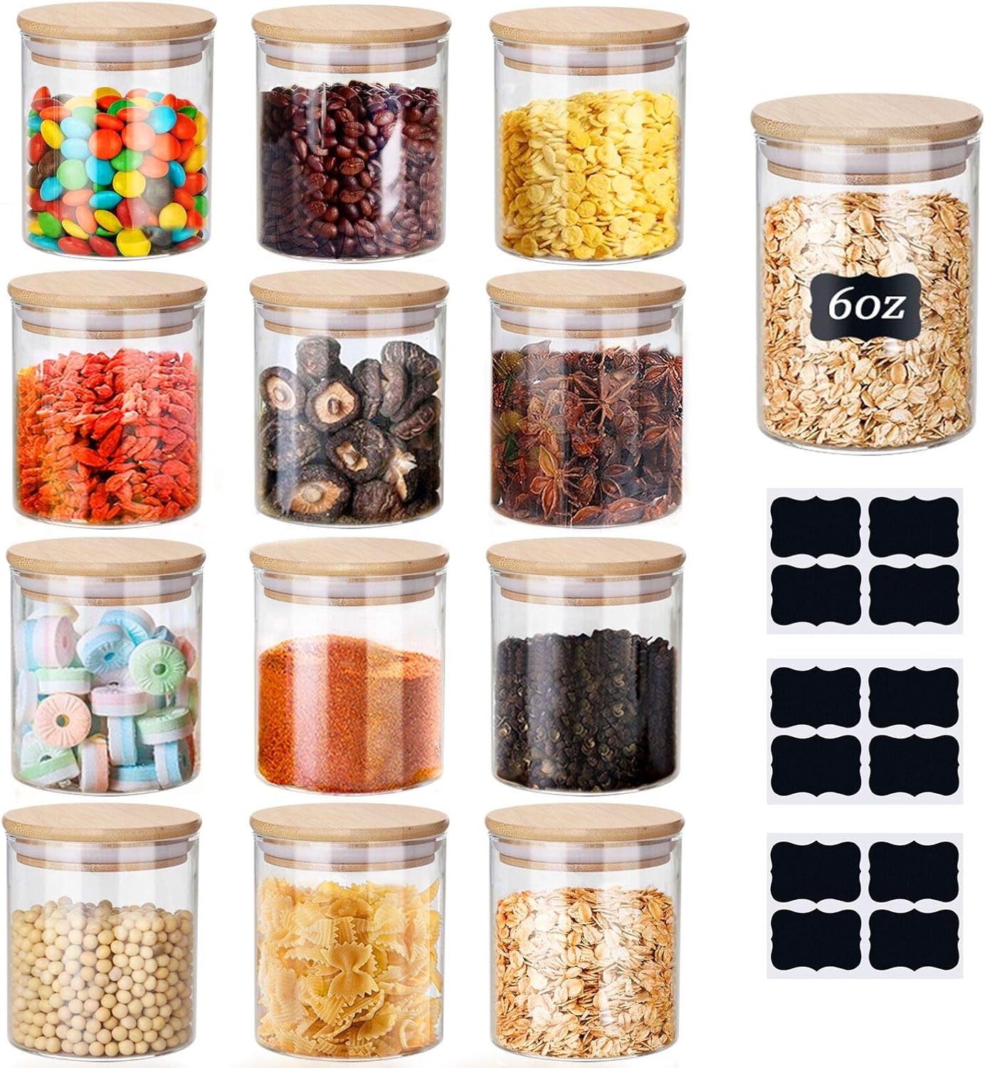 Yibaodan Glass Jars Set 150ml 12 Pack 6oz Spice Jars with Bamboo Lids and Labels Small Food Cereal Storage Containers for Home Kitchen Tea Herbs Coffee Flour Herbs Grain (12Pack/12 Black Labels)