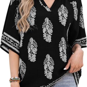 Womens Boho Tops 3/4 Sleeve V Neck Cotton Tunic Flowy Shirt