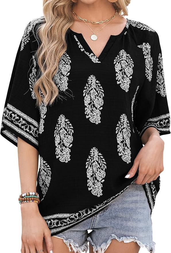 Womens Boho Tops 3/4 Sleeve V Neck Cotton Tunic Flowy Shirt